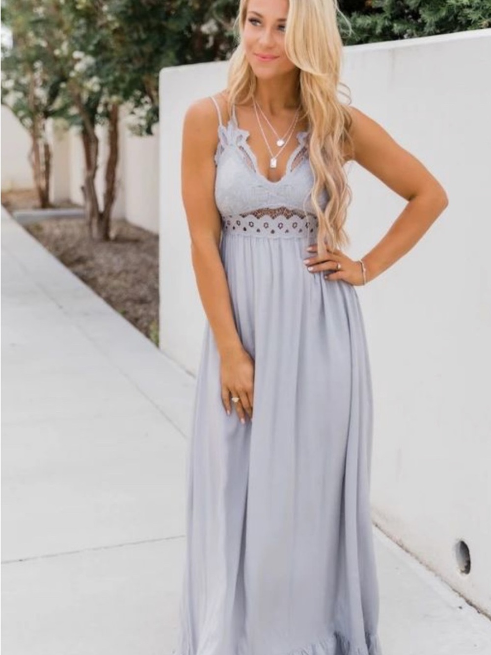 Pink Lily Such A Delight Light Gray Lace-Trim Spaghetti Strap Maxi Dress